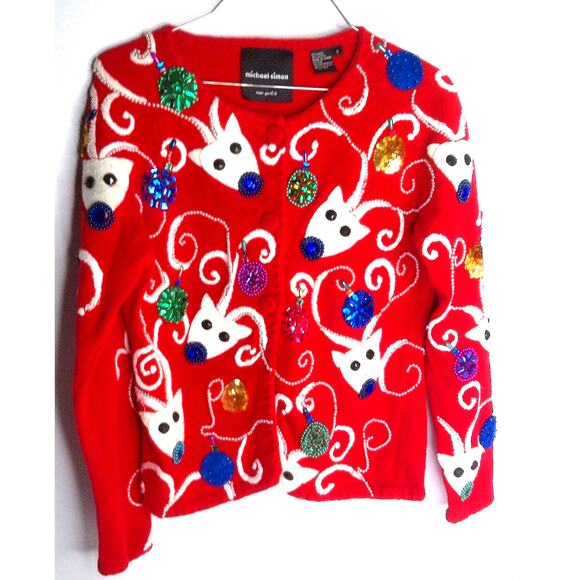 Michael Simon Sweaters - Vtg Michael Simon Red Reindeer Christmas Sweater Cardigan Beaded Wearable Art S